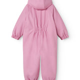 Pink PU flight suit with hood, zipper, and elastic leg cuffs.