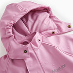 Pink PU flight suit with snap-closed front and hood, adjustable edge.
