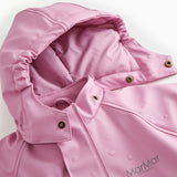 Pink PU flight suit with snap-closed front and hood, adjustable edge.