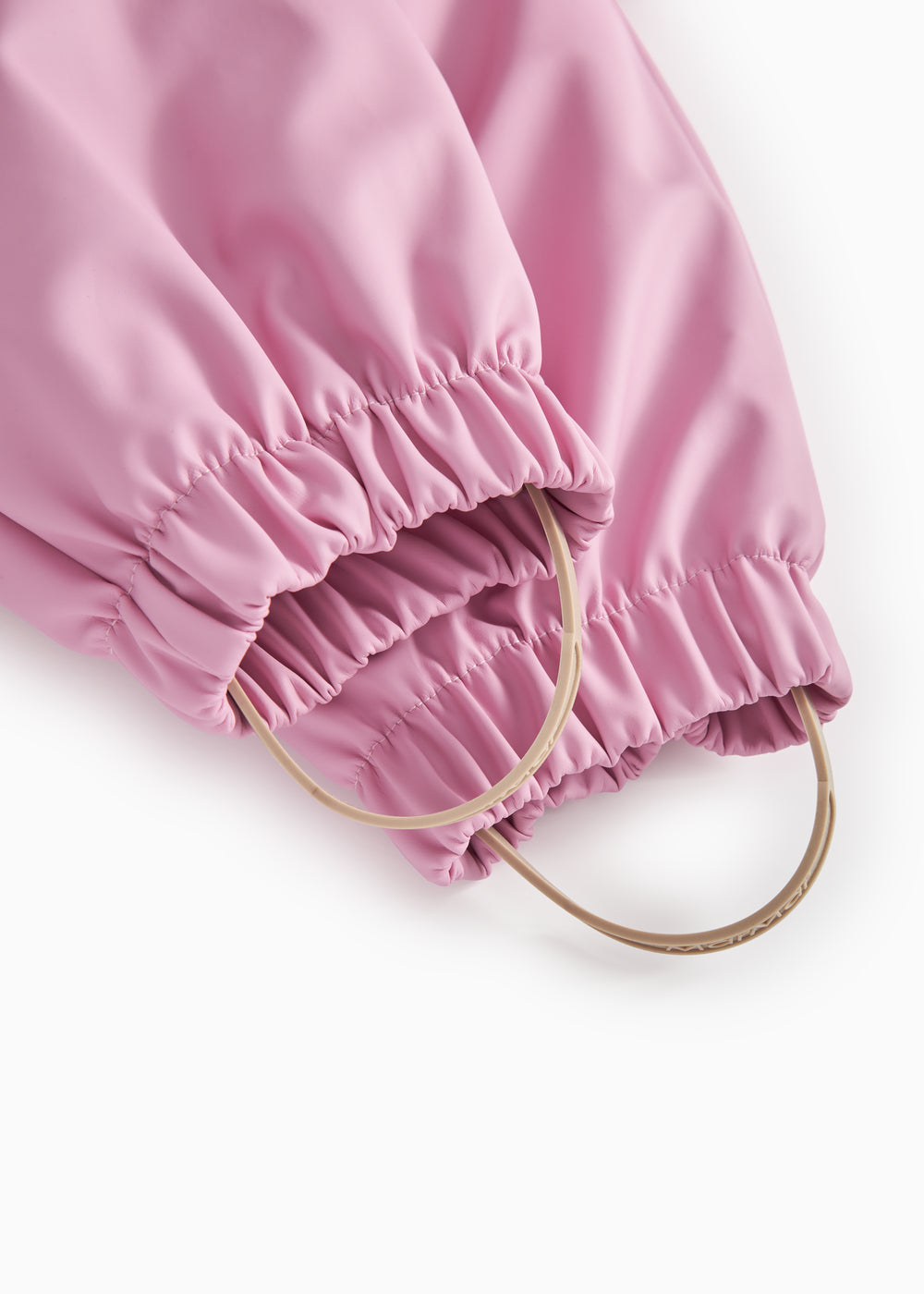 Pink PU jumpsuit with elastic sleeves and leg cuffs, and a drawstring.
