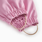Pink PU jumpsuit with elastic sleeves and leg cuffs, and a drawstring.