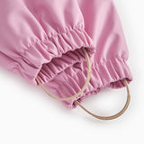 Pink PU jumpsuit with elastic sleeves and leg cuffs, and a drawstring.