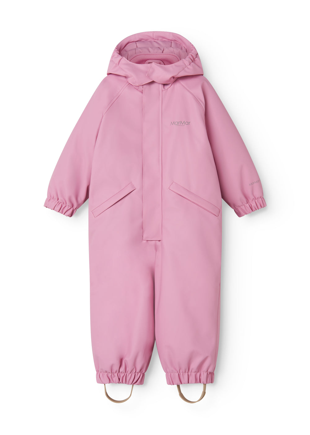 Pink PU flight suit with hood, zipper and button pockets on the chest.