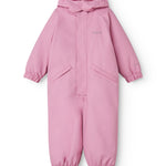 Pink PU flight suit with hood, zipper and button pockets on the chest.