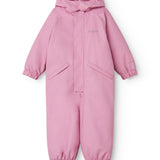 Pink PU flight suit with hood, zipper and button pockets on the chest.