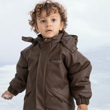 A flight suit in dark brown with hood and zipper, for children.