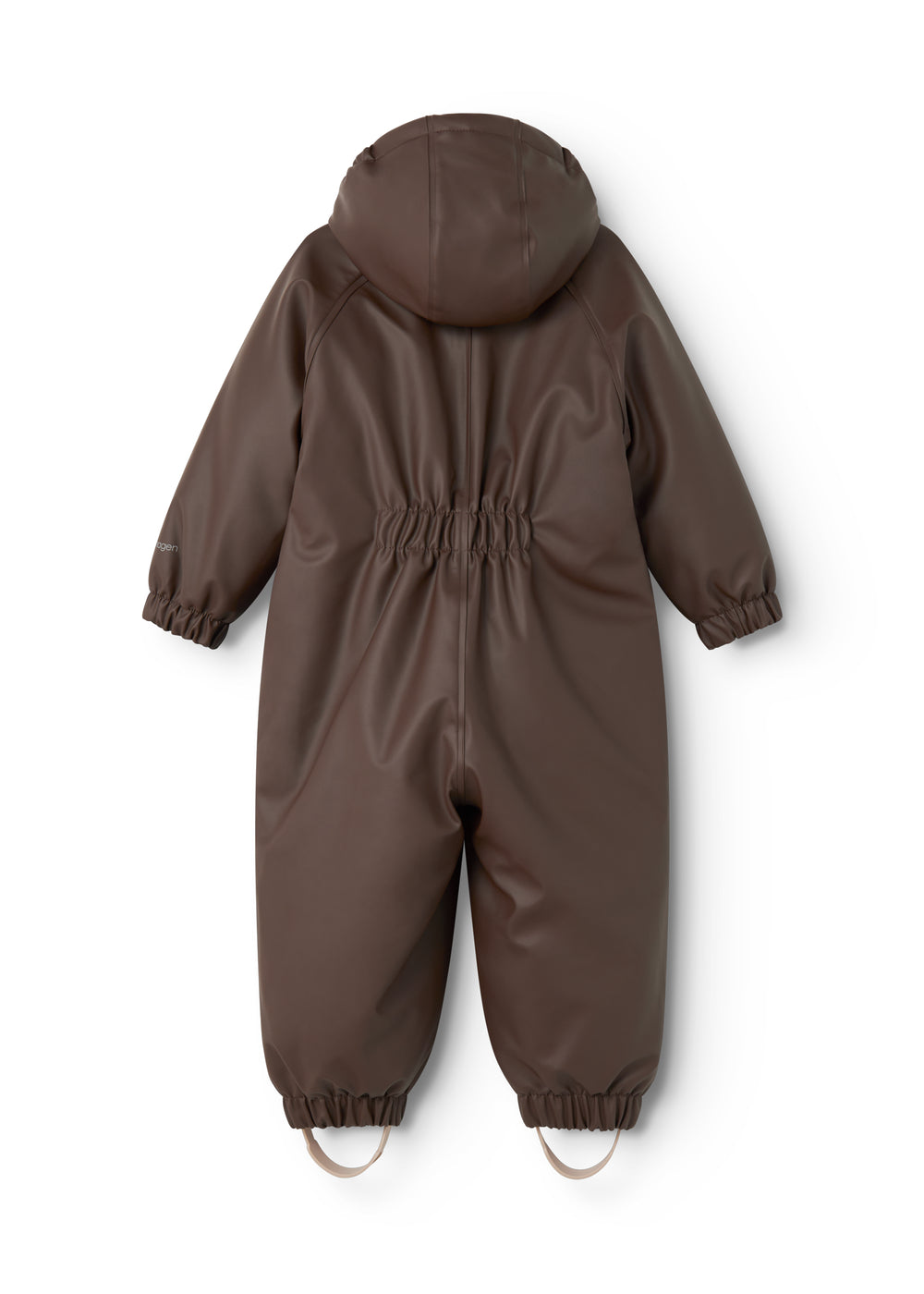 A flight suit in dark brown with hood and elastic legs, seen from behind.