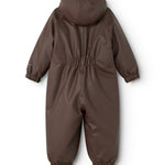 A flight suit in dark brown with hood and elastic legs, seen from behind.