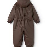 A flight suit in dark brown with hood and elastic legs, seen from behind.