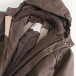 A dark brown flight jacket with a diagonal zipper opening and buttons at the collar.