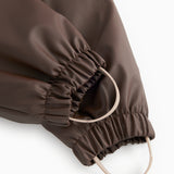 PU jumpsuit dark brown: elastic finish and adjustable leg strap.