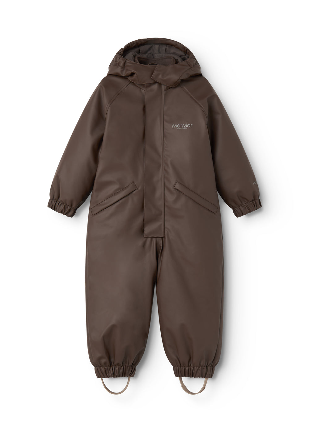 PU jumpsuit in dark brown with hood, zipper, and elastic cuffs.