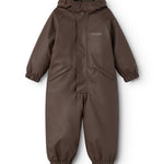 PU jumpsuit in dark brown with hood, zipper, and elastic cuffs.
