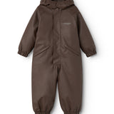 PU jumpsuit in dark brown with hood, zipper, and elastic cuffs.