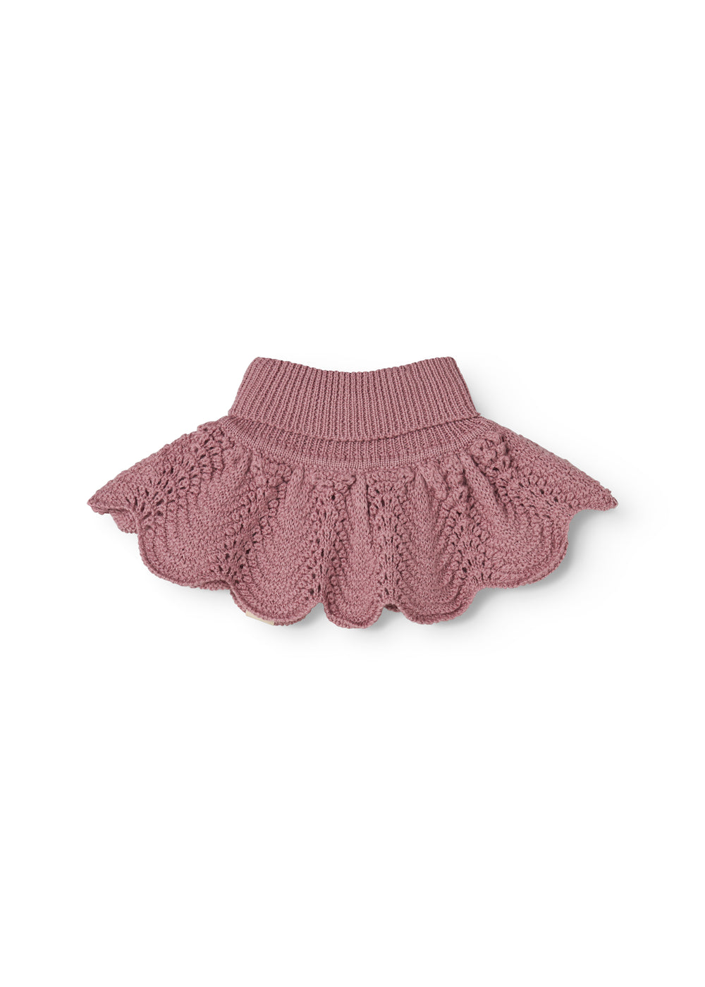 Knitted scarf with ribbed edge and wave pattern in muted rose color.