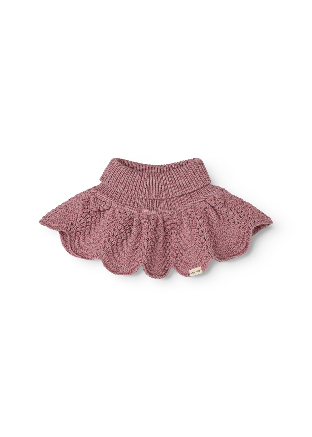Knitted scarf in muted rose color with crinkled pattern and ribbed edge.