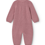 Dusty pink sweater with crew neck and long sleeves, reversed.