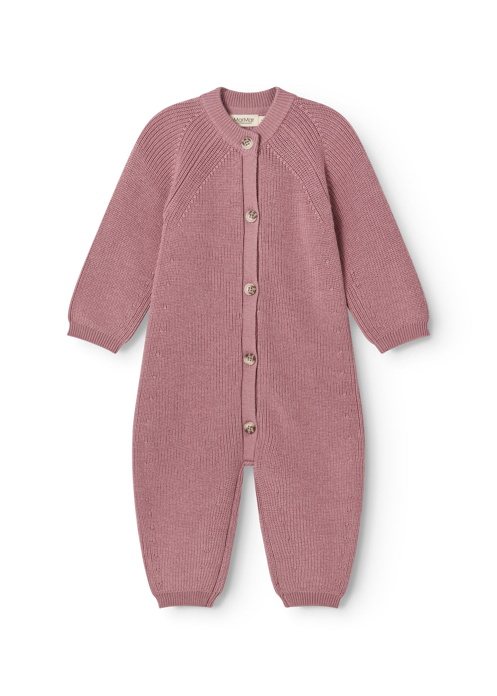 Dusty pink cardigan with button closure and long sleeves, ribbed cuffs.