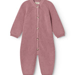Dusty pink cardigan with button closure and long sleeves, ribbed cuffs.