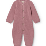 Dusty pink cardigan with button closure and long sleeves, ribbed cuffs.