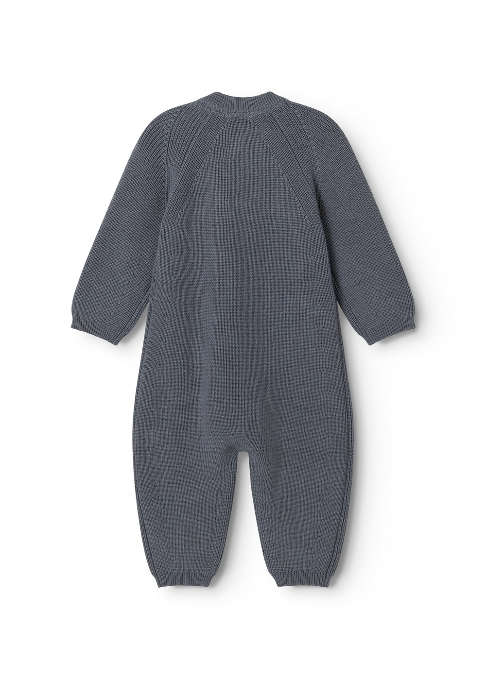 Dark blue knit suit with round neck and long legs, seen from behind.