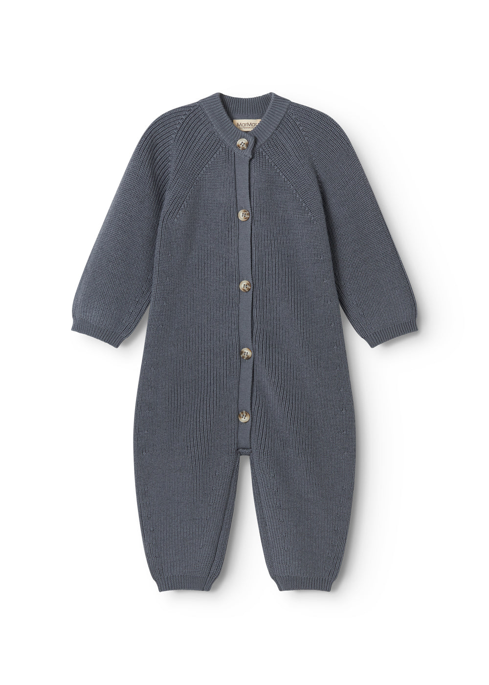Dark blue knitted jumpsuit for baby with front buttons and long sleeves and legs.