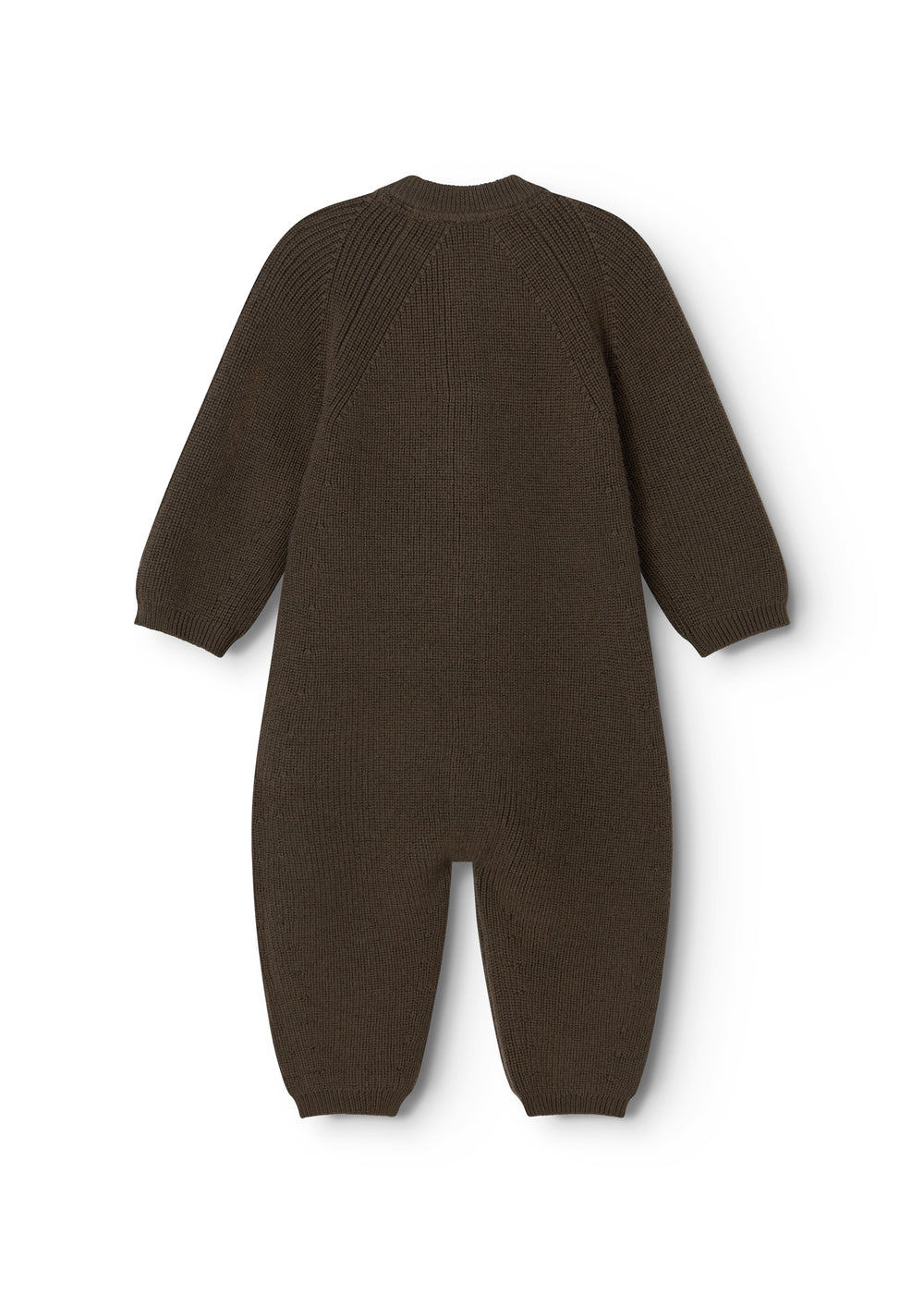 Dark knit jumpsuit with long sleeves and legs, seen from behind.