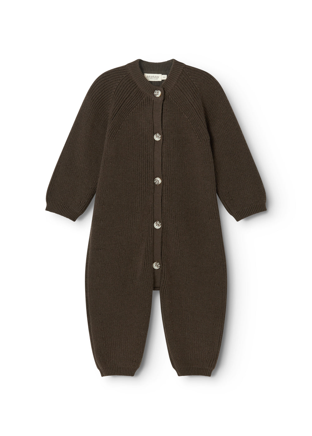Dark knit jumpsuit in a full suit with long sleeves and front button closure.