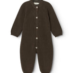 Dark knit jumpsuit in a full suit with long sleeves and front button closure.
