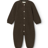 Dark knit jumpsuit in a full suit with long sleeves and front button closure.