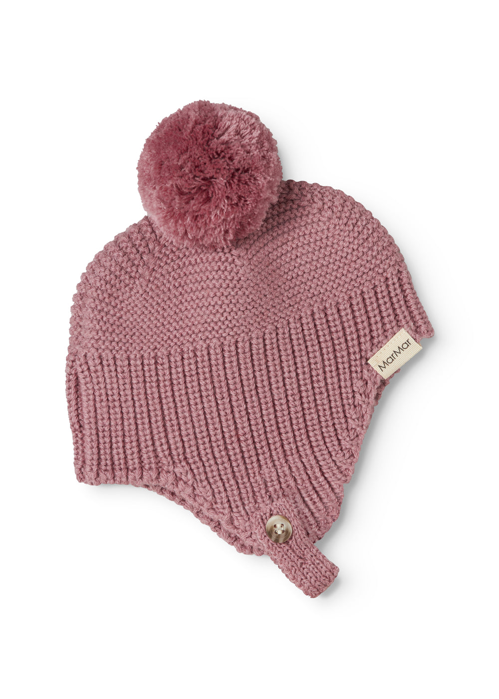 Stripe with pink-purple pom-pom and folded edge, plus a side button.