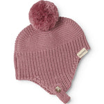 Stripe with pink-purple pom-pom and folded edge, plus a side button.