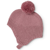 Stripes with pom-pom in pink-purple, ribbing and folded edge