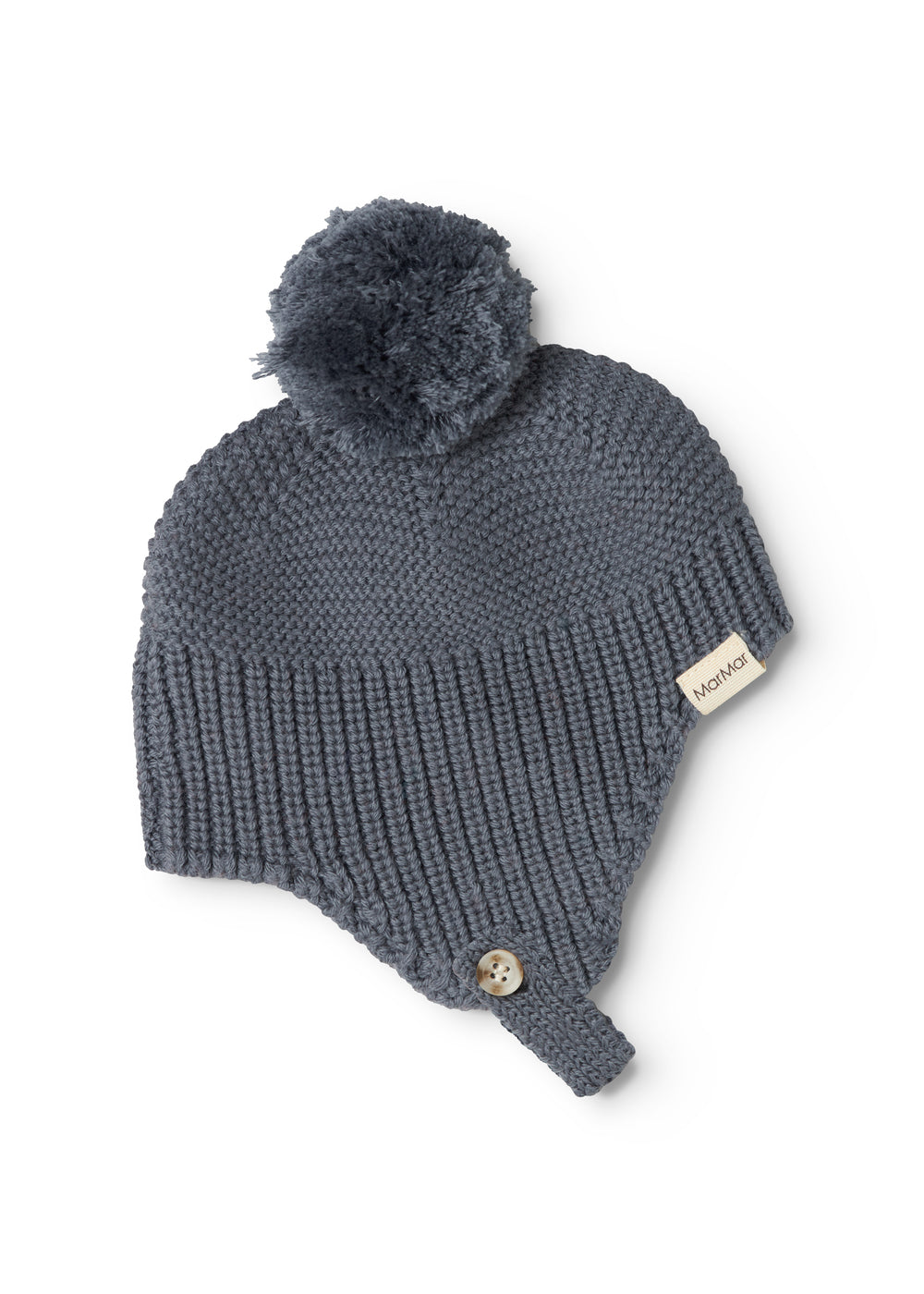 Gray knit cap in knit with pompom, label, and button detail.