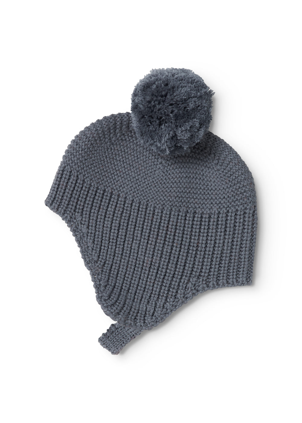 Dark gray striped hat with pompom and folded ear pocket