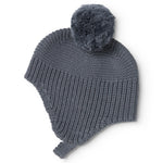 Dark gray striped hat with pompom and folded ear pocket