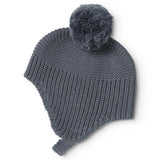 Dark gray striped hat with pompom and folded ear pocket