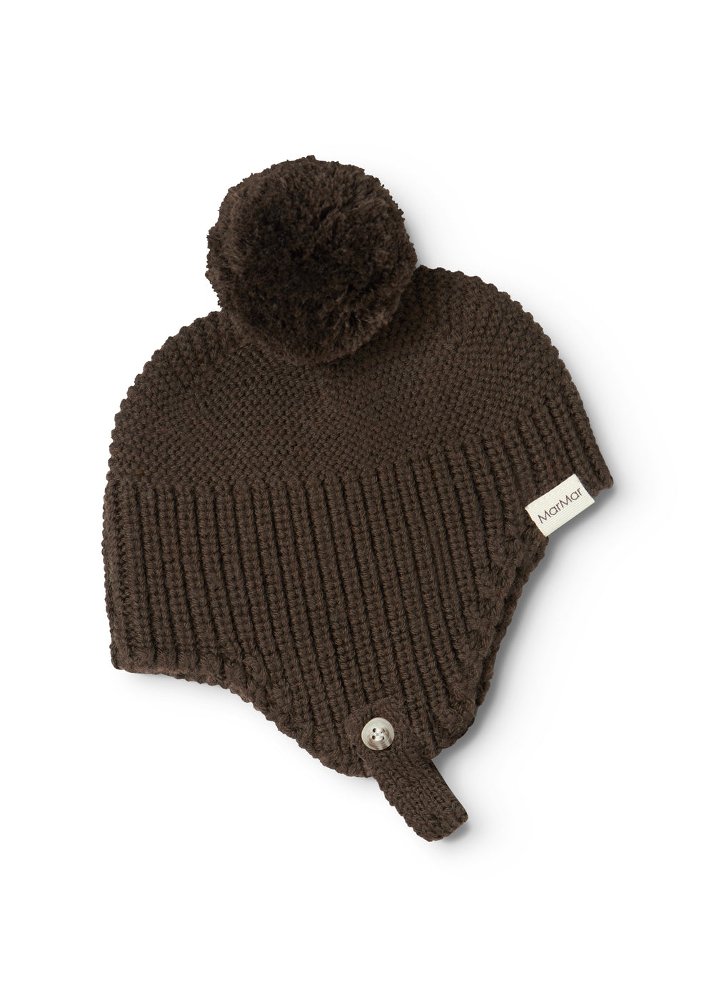 Dark brown knit cap with pom-pom, ribbing, label and button.
