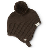 Dark brown knit cap with pom-pom, ribbing, label and button.