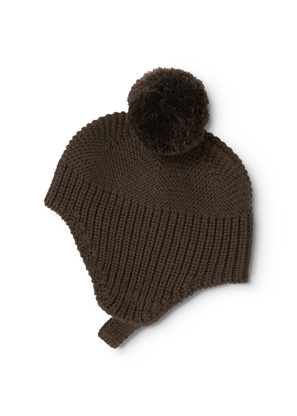 Dark brown knit cap with pompom and ribbed cuff.