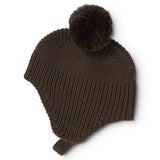 Dark brown knit cap with pompom and ribbed cuff.