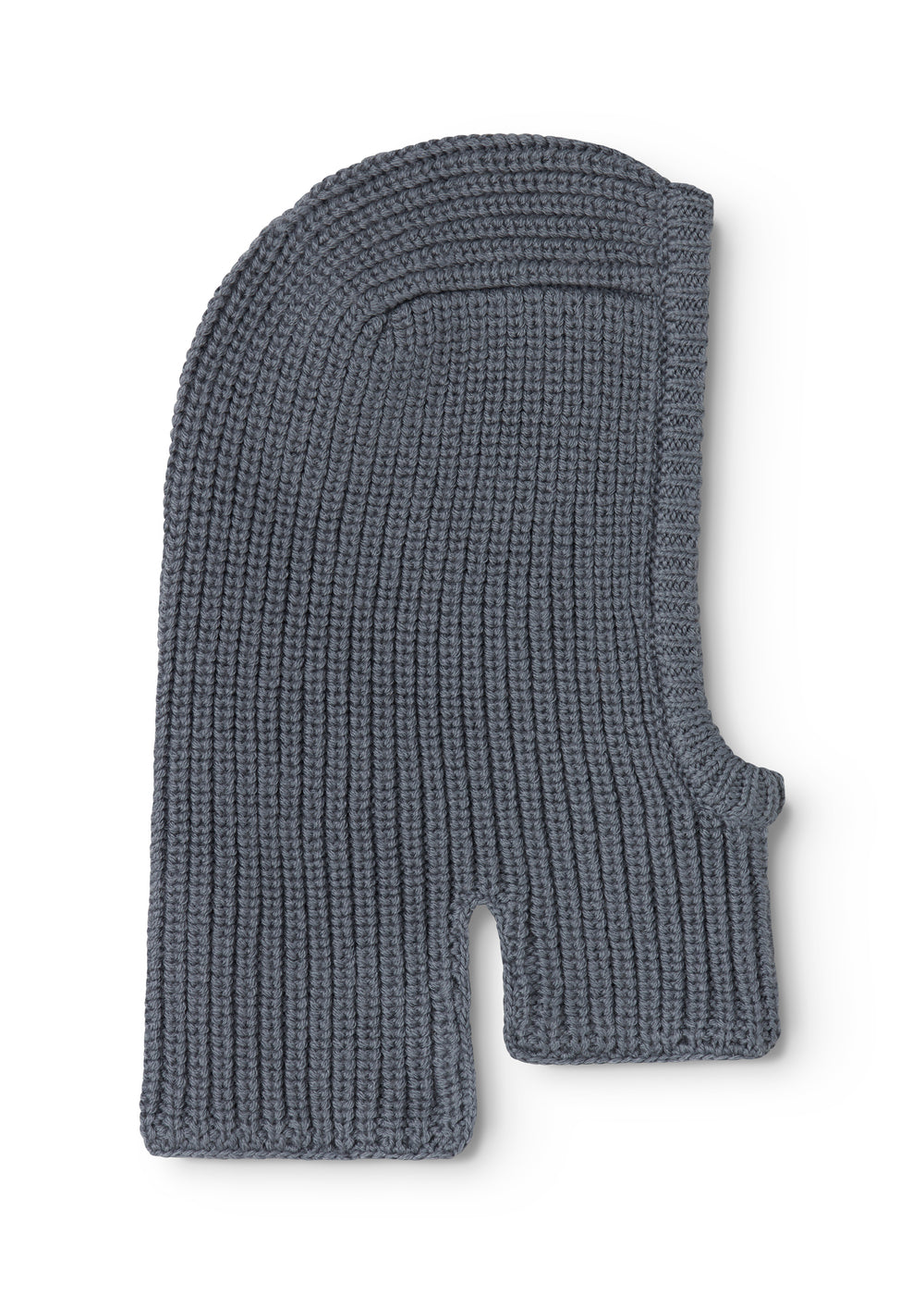 Knitted balaclava in dark gray with hood shape and face opening.