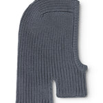 Knitted balaclava in dark gray with hood shape and face opening.