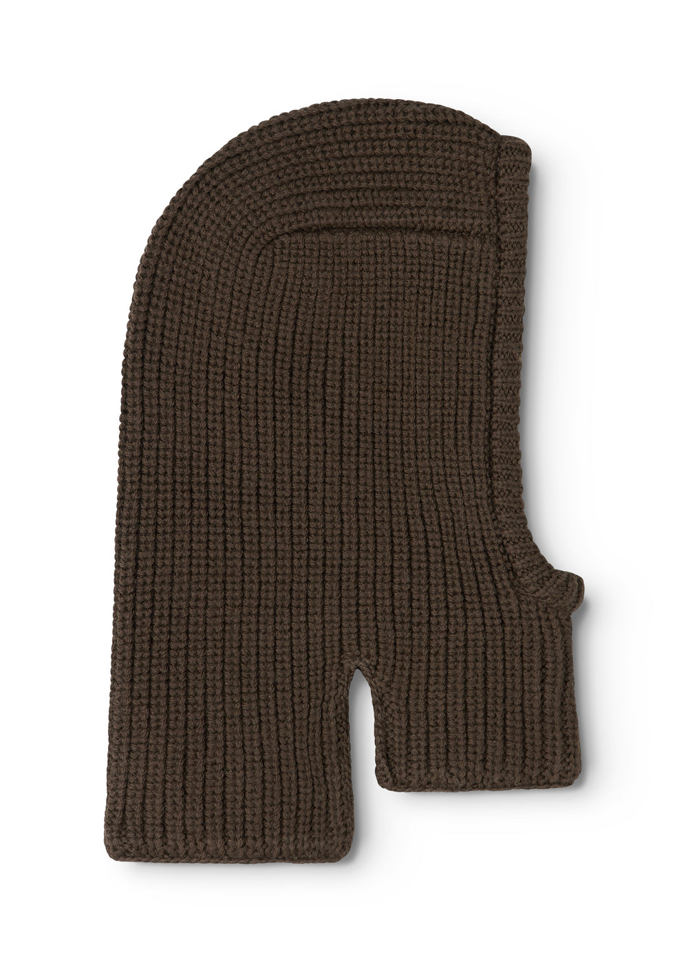 Dark brown ribbed hood/balaclava with a wide collar and face opening.
