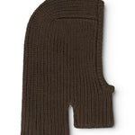Dark brown ribbed hood/balaclava with a wide collar and face opening.