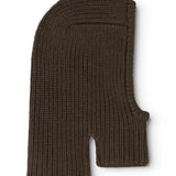 Dark brown ribbed hood/balaclava with a wide collar and face opening.