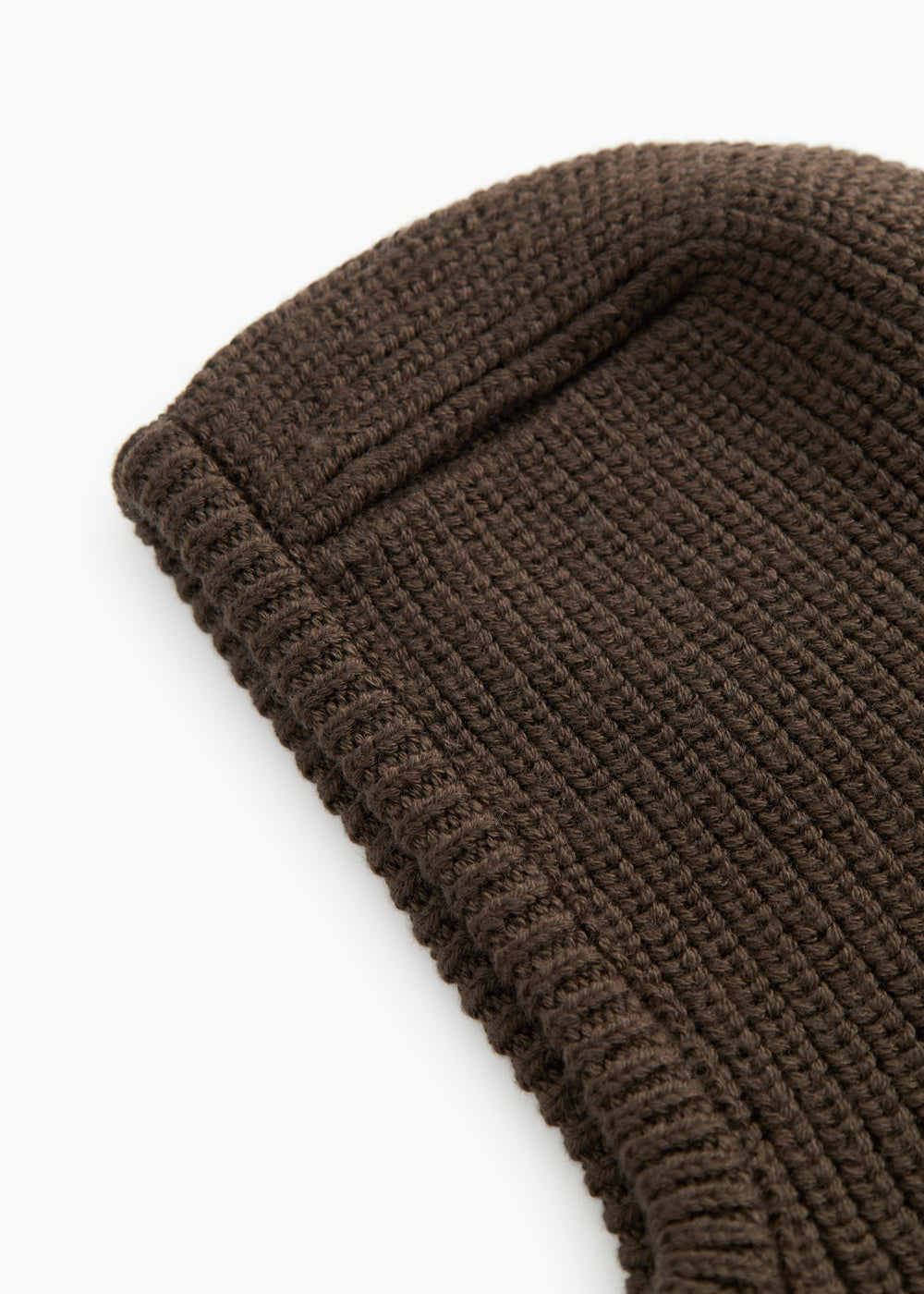Dark brown ribbed knit hat with visible knit texture.
