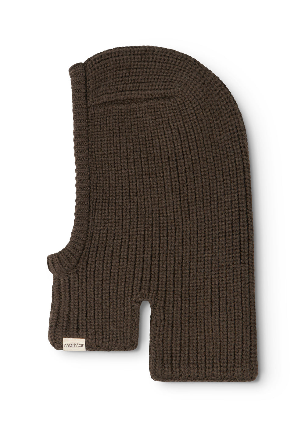 Dark brown knit cap in rib knit with face opening and folded edge.