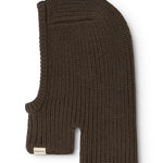 Dark brown knit cap in rib knit with face opening and folded edge.