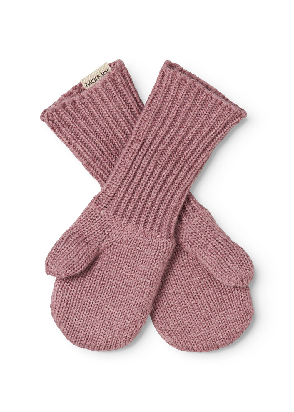 Knitted baby gloves in dusty rose with crossed fingers and ribbed cuff.